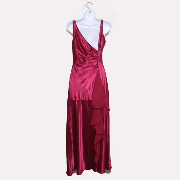 Vintage 90s Zum Zum Prom Satin Slip Dress Maxi Back Ruffle Magenta Size 5/6 - Picture 2 of 12